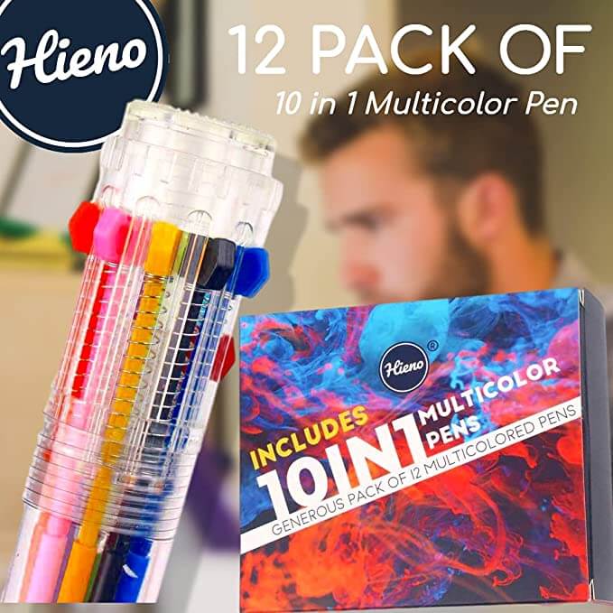 12 pack of 10-in-1 multicolor pens with vibrant ink, featuring retractable tips and convenient clip.