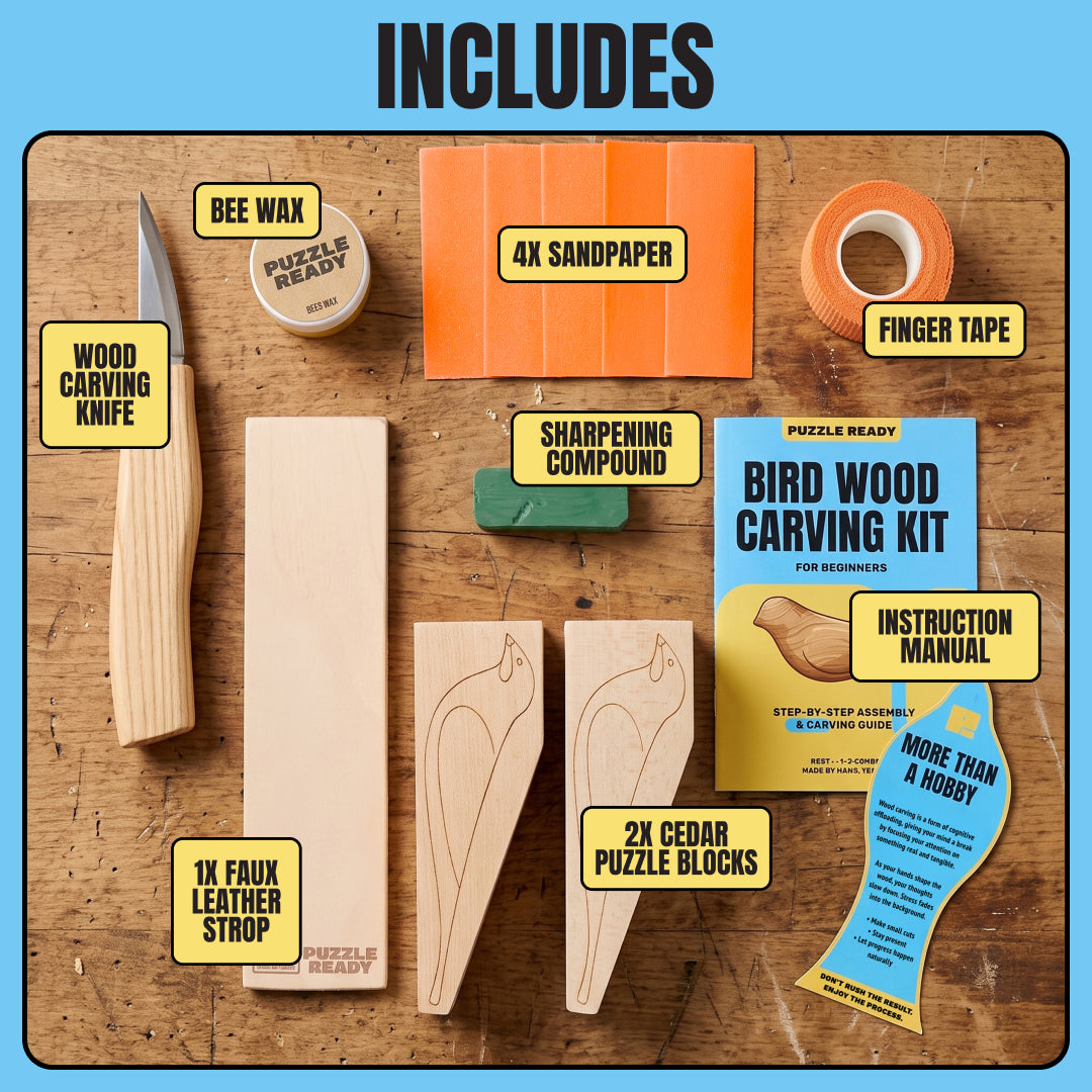 Everything included in the Bird Wood Carving Kit
