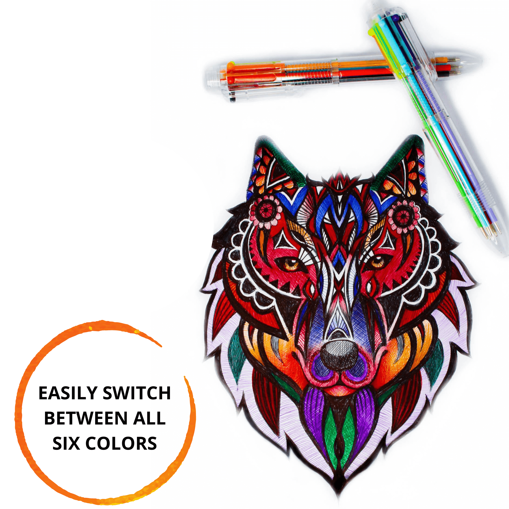 Multicolor pens with retractable tips and vibrant colors displayed alongside a detailed, colorful drawing.