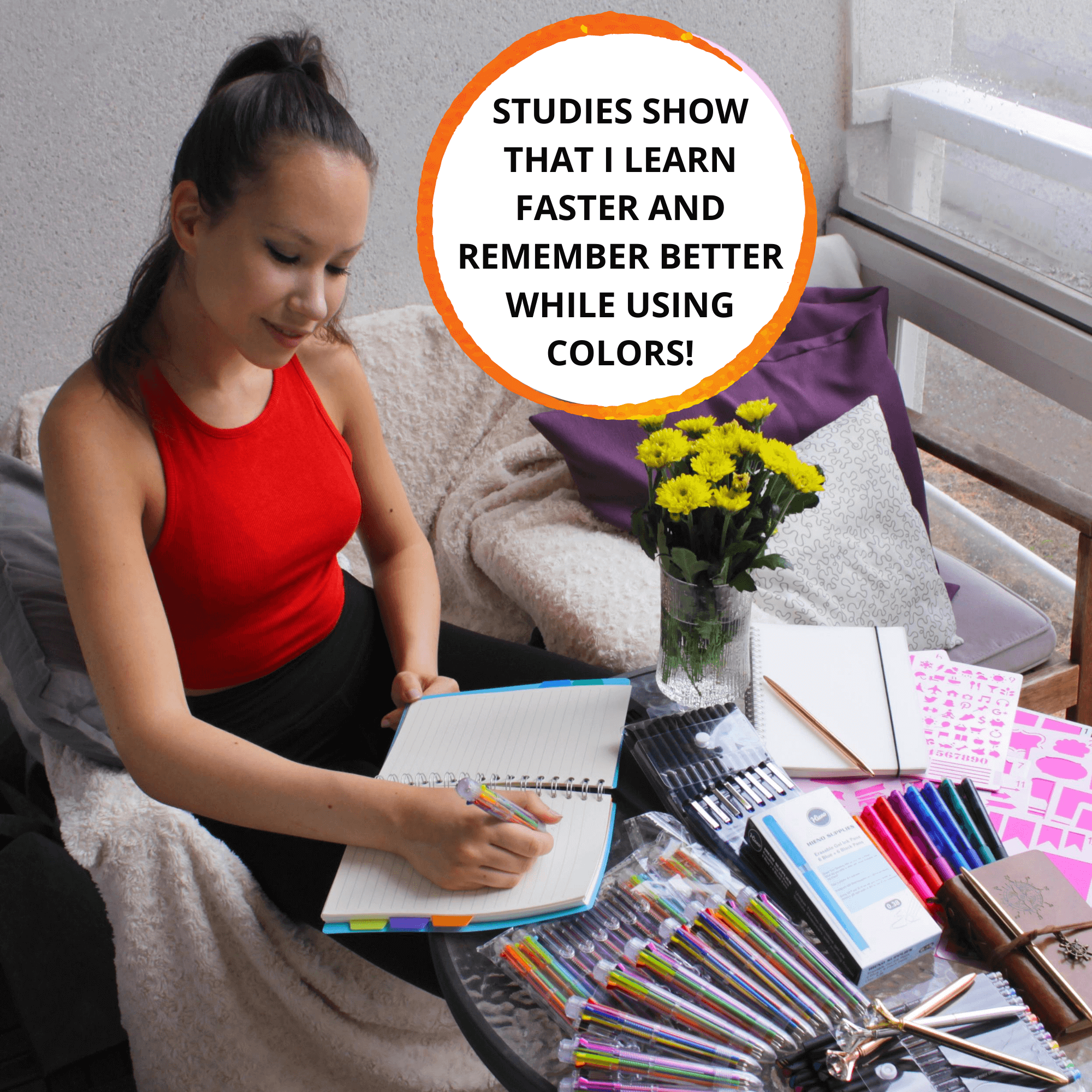 Woman writing with multicolor pens on a table filled with stationery supplies, promoting enhanced learning with colors.