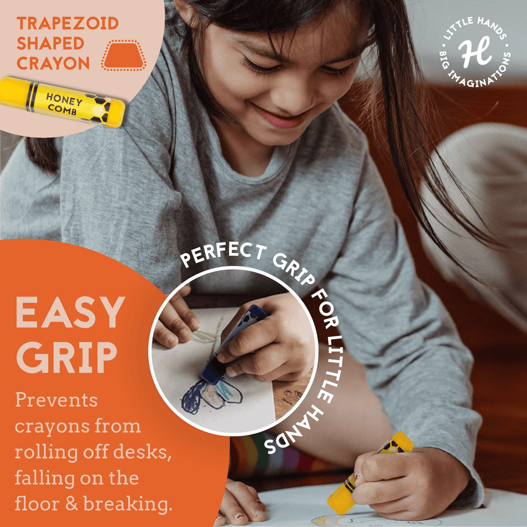 Trapezoid-shaped beeswax crayon with child drawing