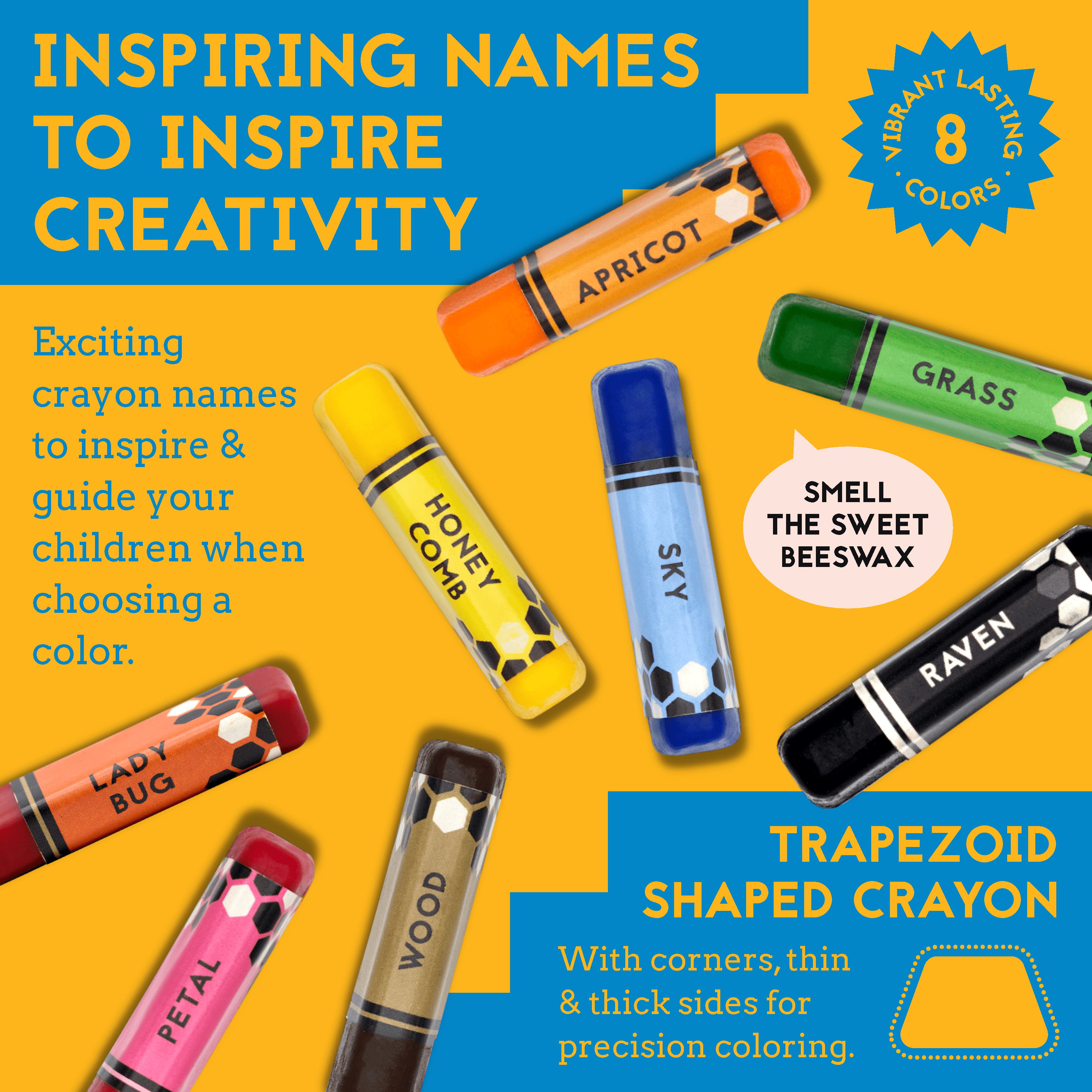 Beeswax crayons in vibrant trapezoid shapes with creative names.