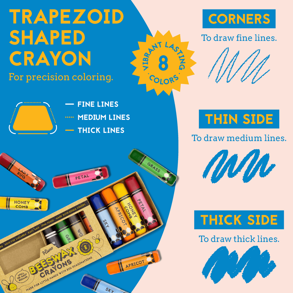 Trapezoid-shaped pure beeswax crayons with vibrant colors and precision coloring features.