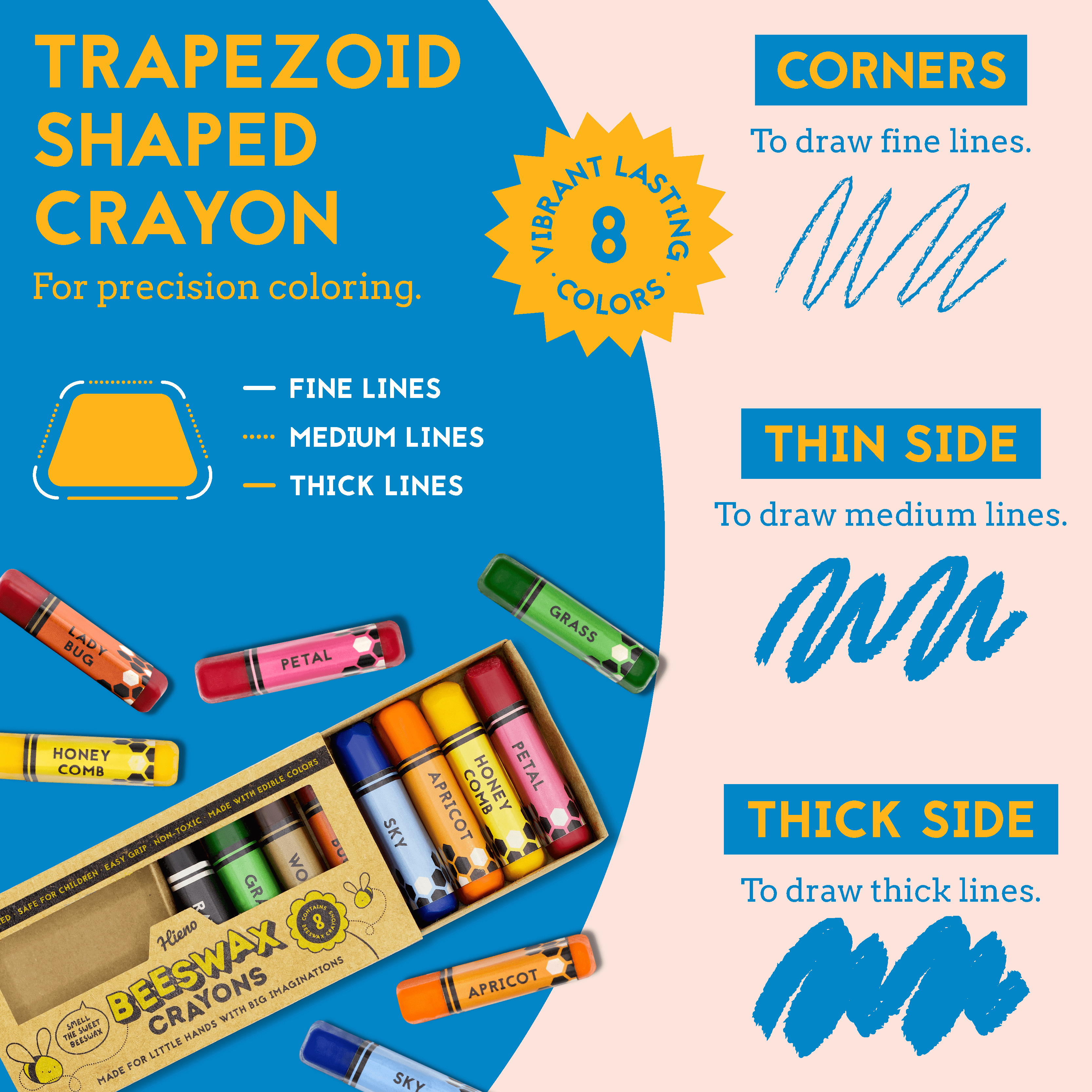 Trapezoid-shaped pure beeswax crayons with vibrant colors and precision coloring features.