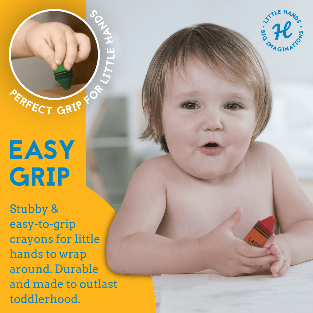 Toddler holding easy-to-grip pure beeswax crayon, showcasing perfect grip for little hands; focus on durable, non-toxic, organic beeswax crayons for kids.