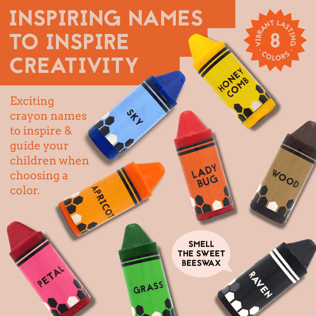Pure beeswax crayons with vibrant colors and creative names for kids.
