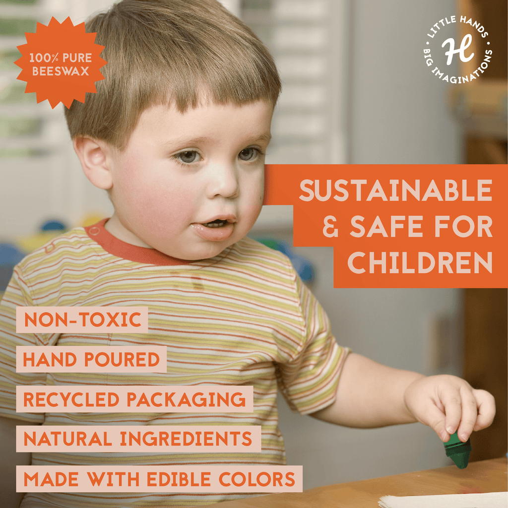 Toddler playing with safe, sustainable pure beeswax crayons made from natural ingredients.