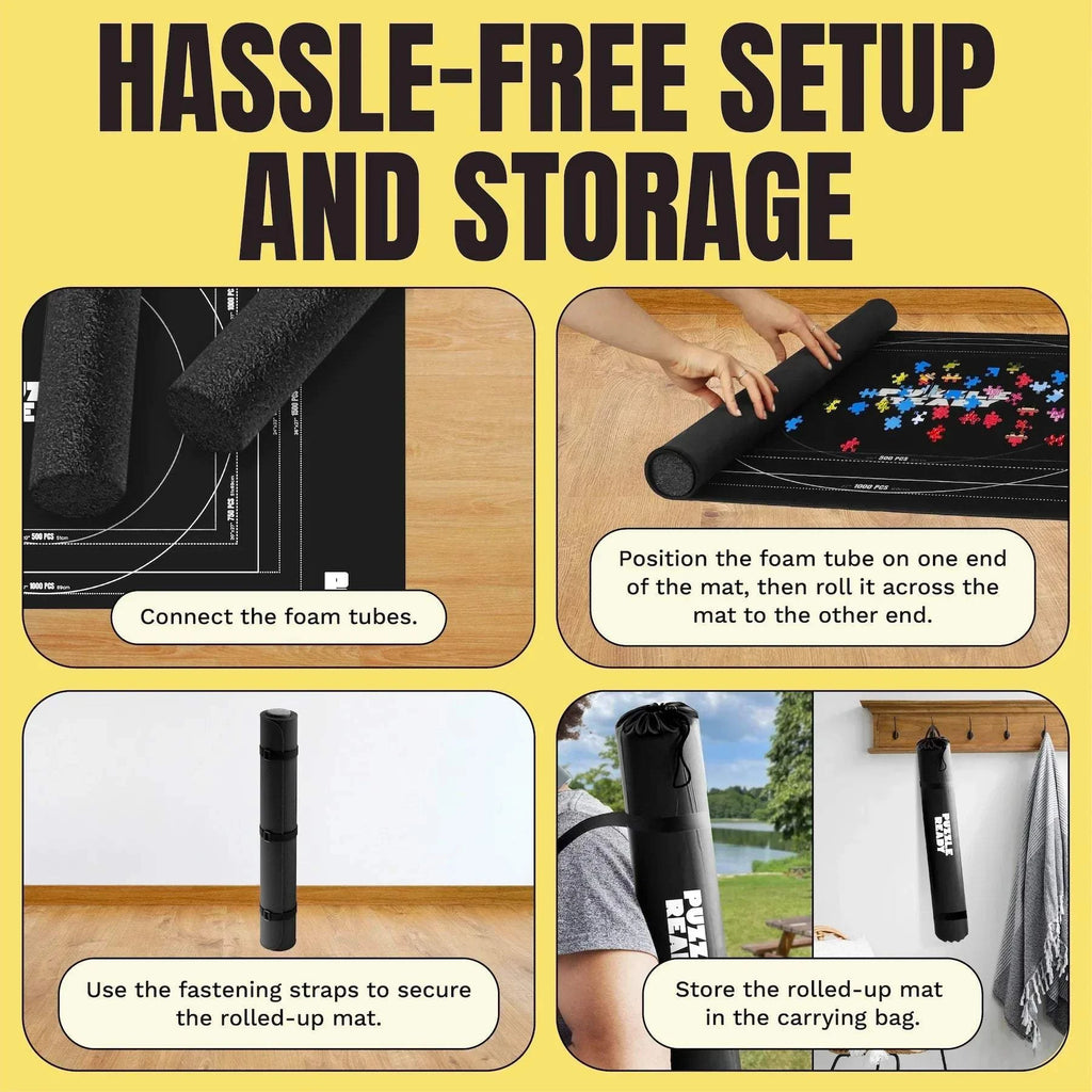 Hassle-free setup and storage of portable puzzle mat with foam tubes and carrying bag.