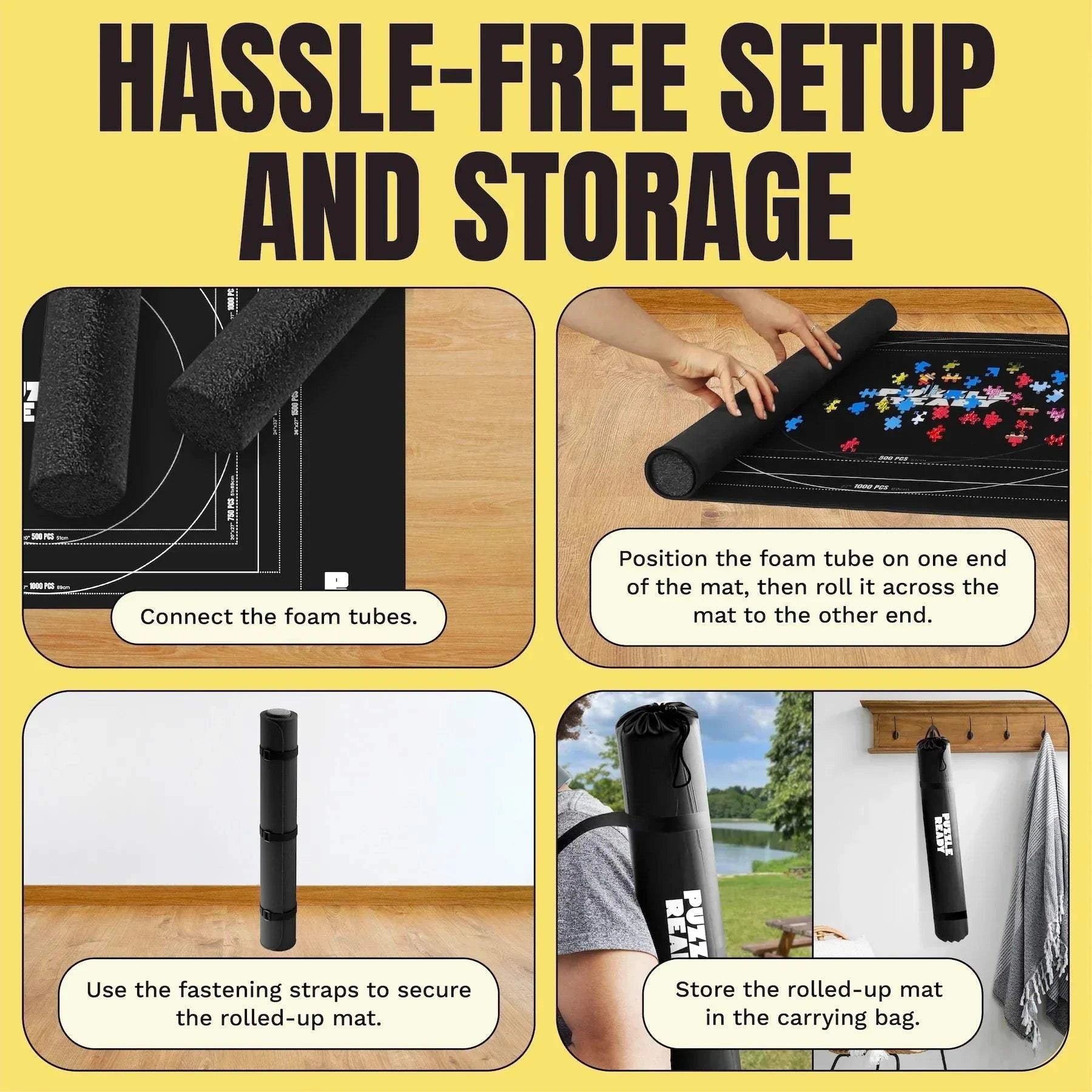 Hassle-free setup and storage of portable puzzle mat with foam tubes and carrying bag.