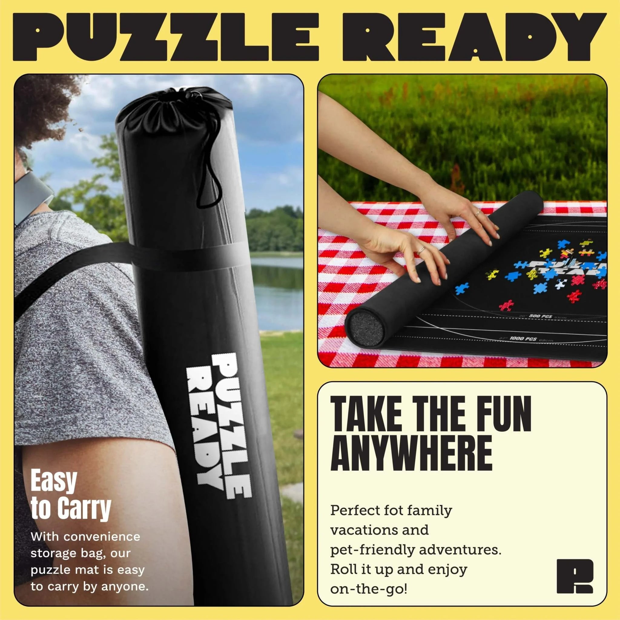 Portable jigsaw puzzle mat with storage bag and foam roller, ideal for 500 to 1500 pieces; perfect for travel and outdoor fun.