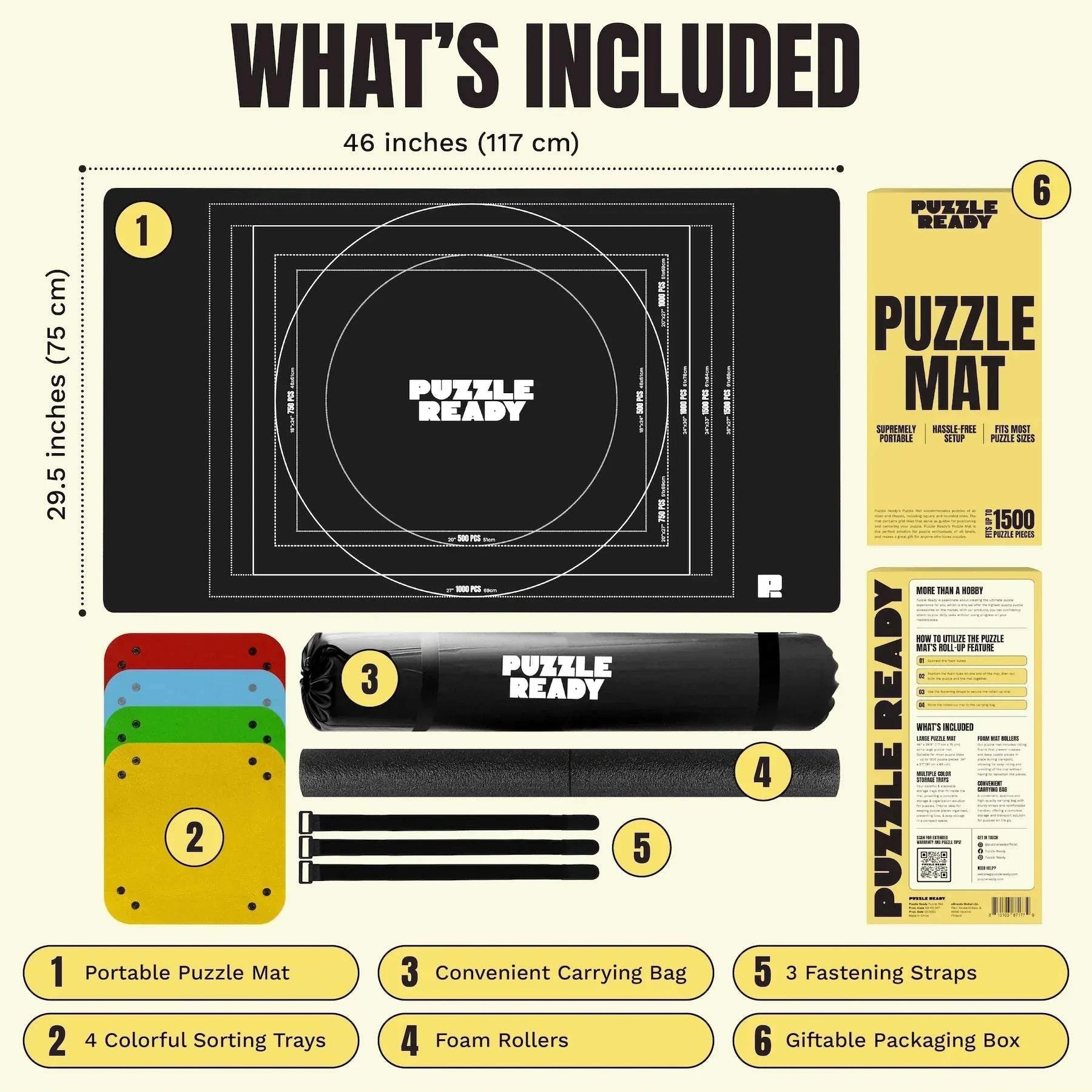 Puzzle Mat package with mat, sorting trays, foam rollers, fastening straps, and carrying bag.