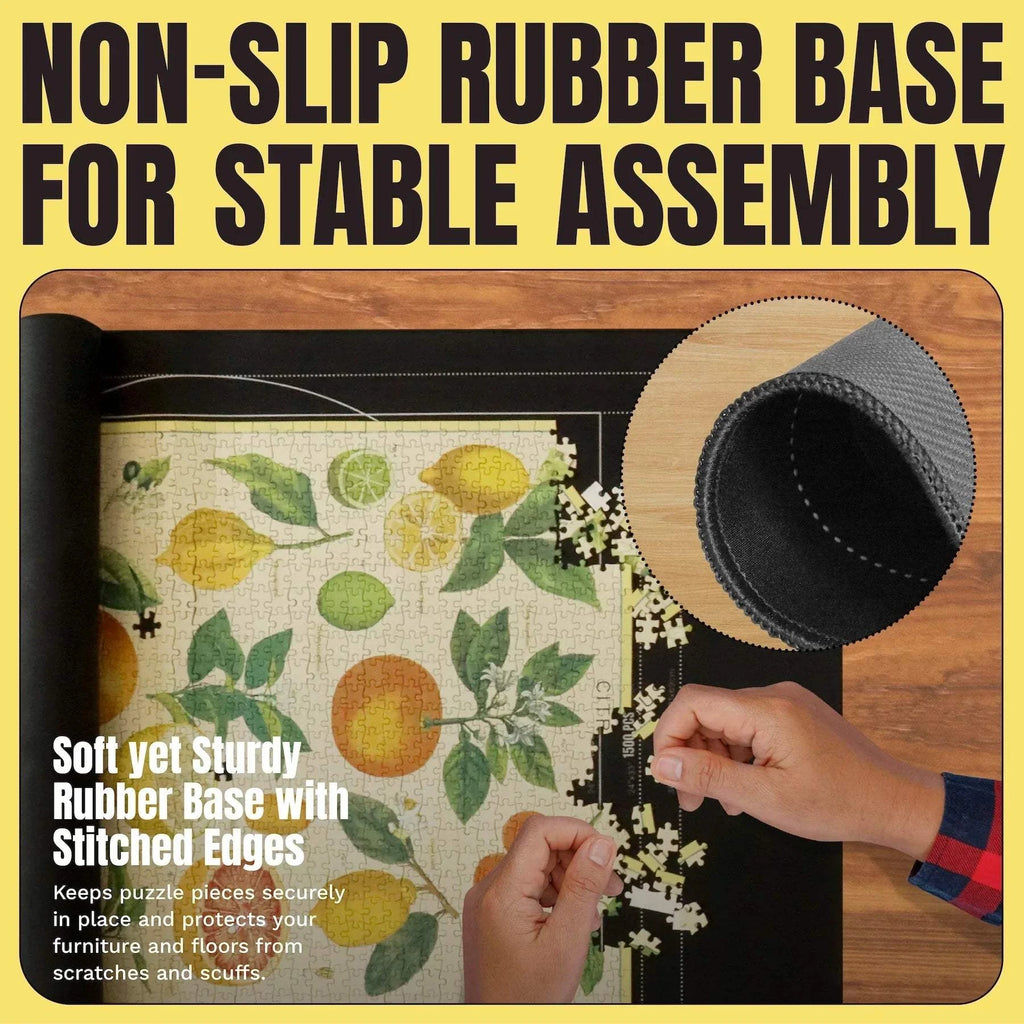 Non-slip rubber base puzzle mat for secure assembly and protection.