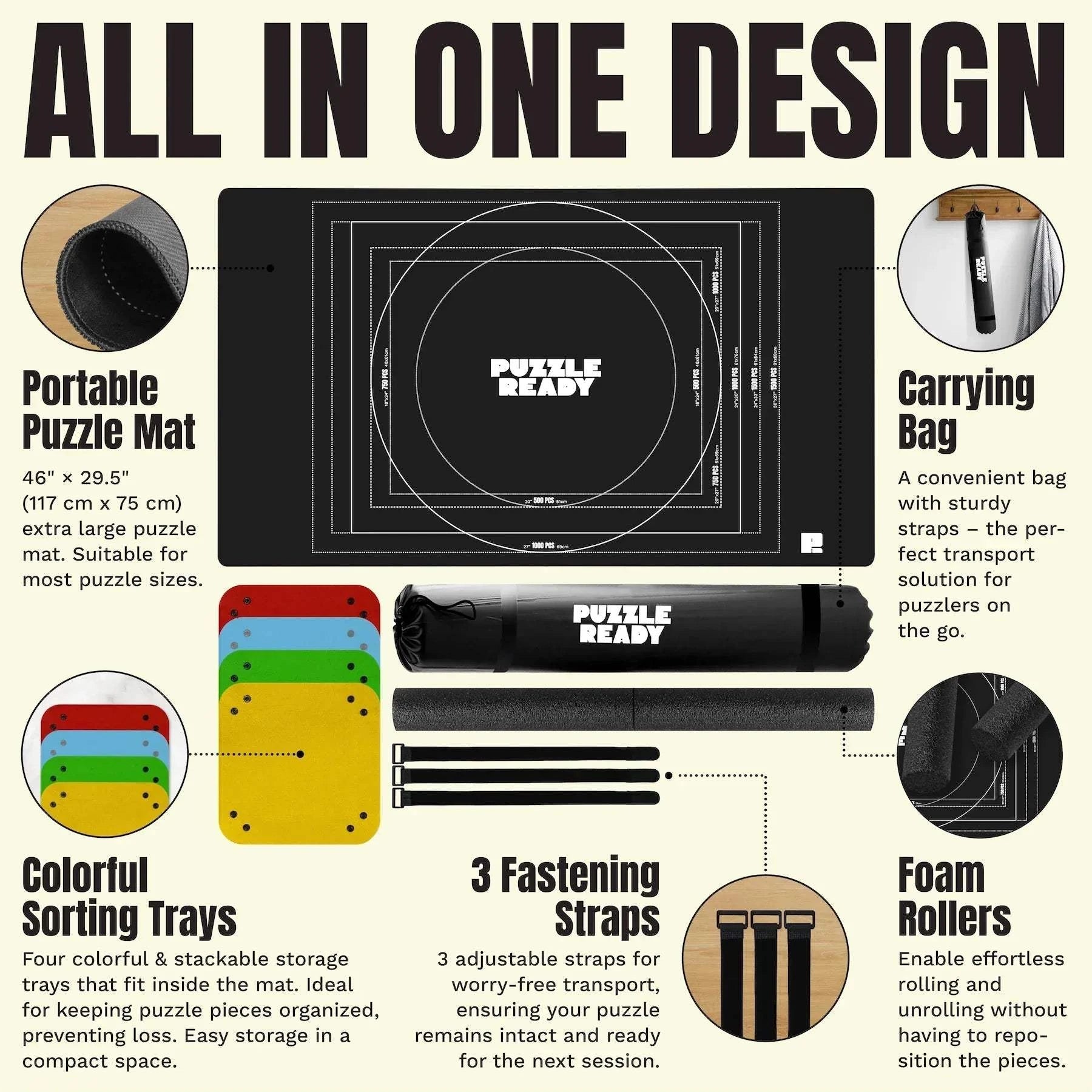 Portable jigsaw puzzle mat with accessories, including sorting trays, foam rollers, and carrying bag, for puzzle enthusiasts.