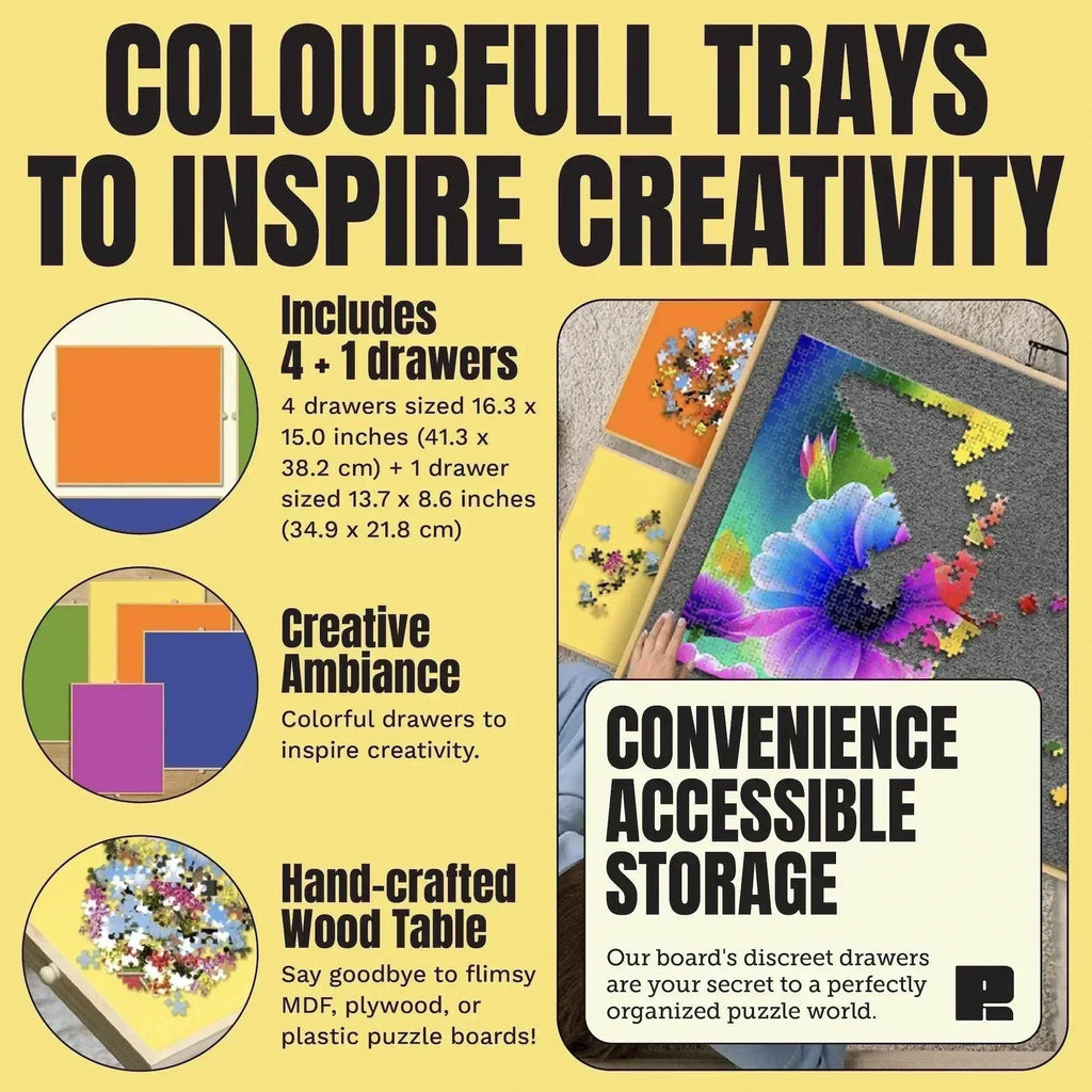 Promotional image of colorful trays with drawers for puzzle storage