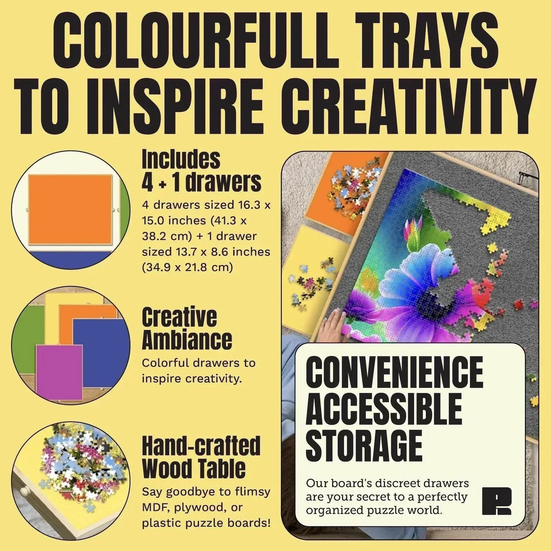 Promotional image of colorful trays with drawers for puzzle storage