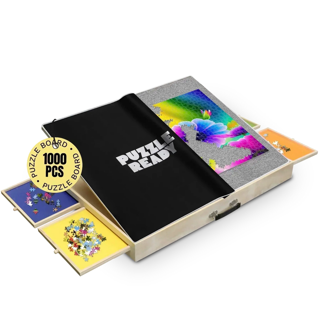 Puzzle table with legs featuring tilting board, drawers, and cover mat.