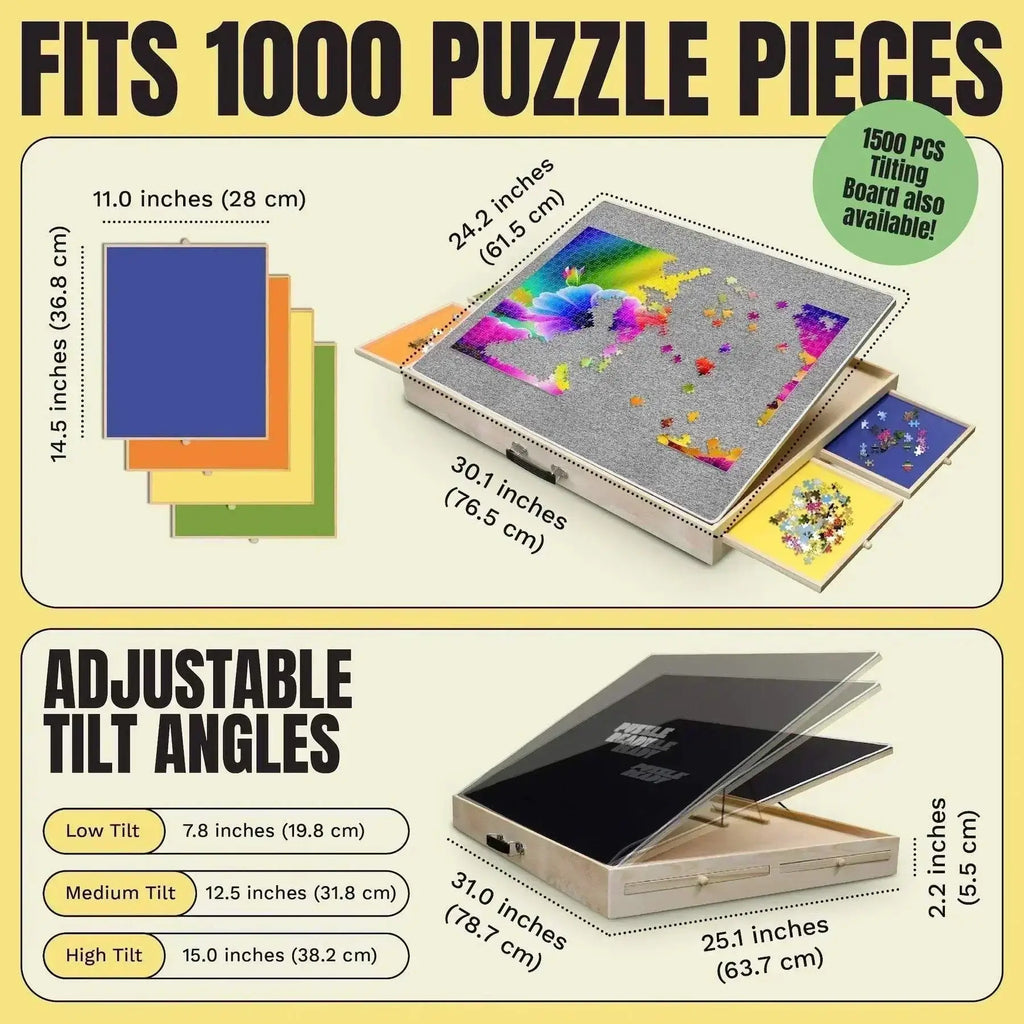 Puzzle board with tilting feature, drawers, and cover mat; fits 1000 puzzle pieces with adjustable angles.