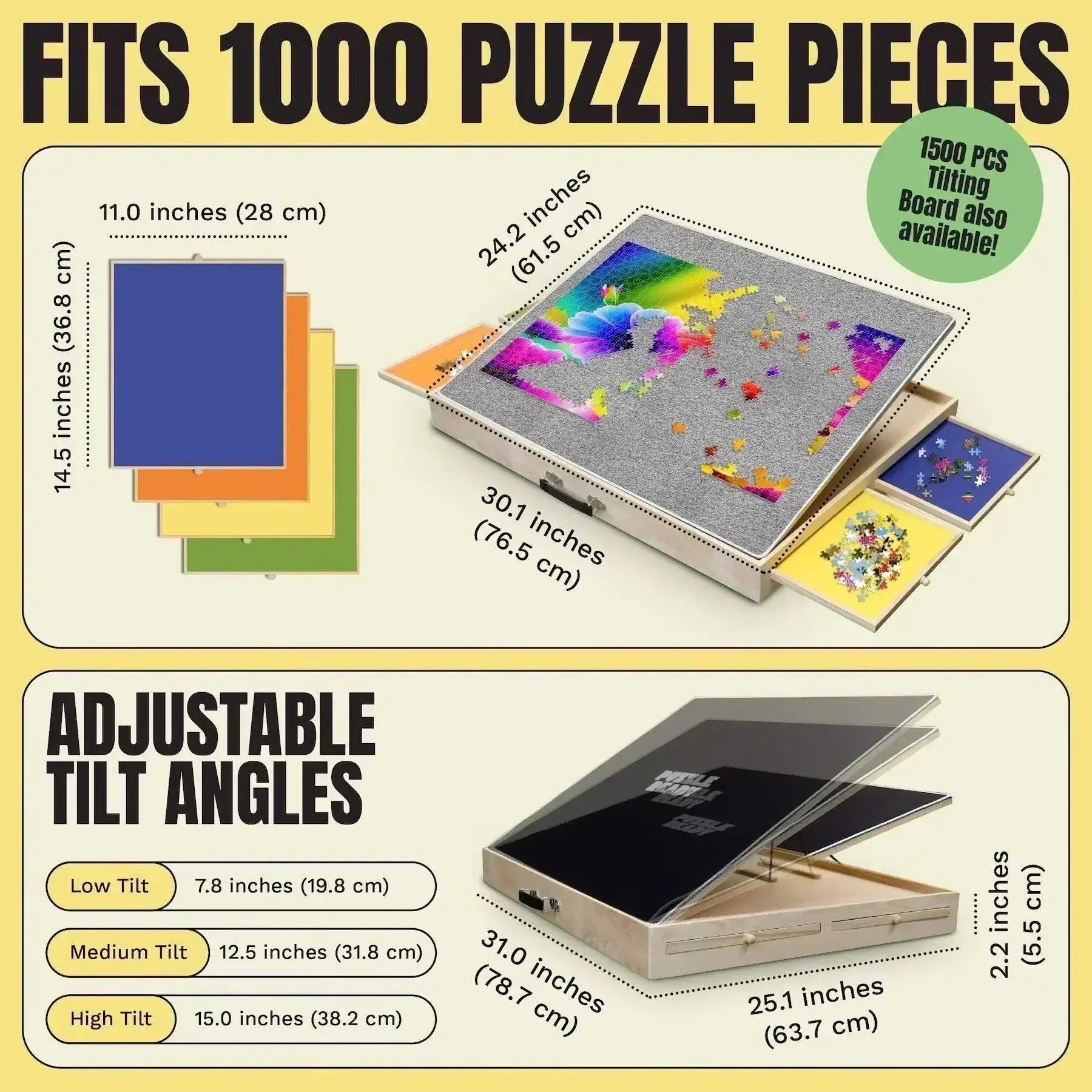 Puzzle board with tilting feature, drawers, and cover mat; fits 1000 puzzle pieces with adjustable angles.