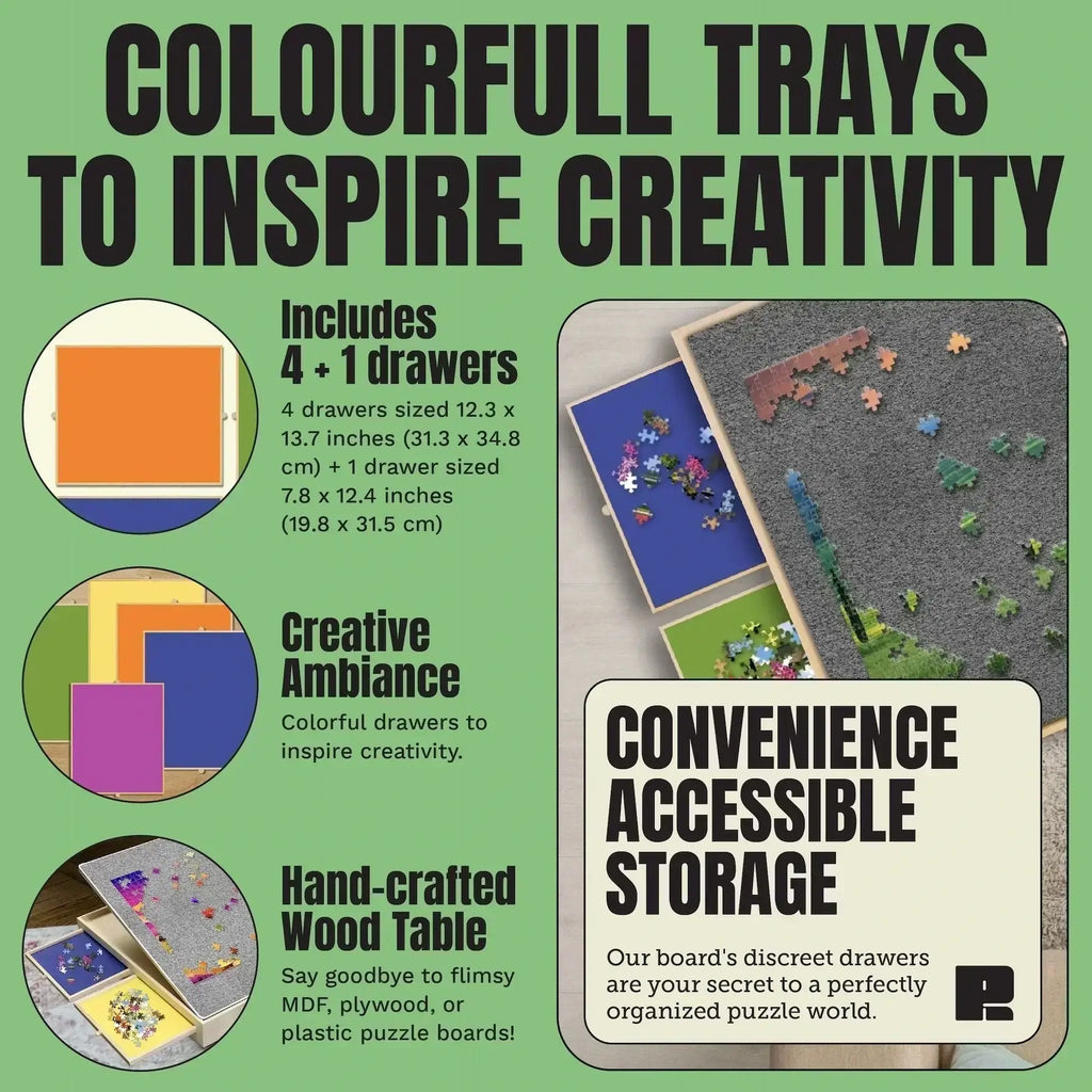 Tilting puzzle table with drawers and cover mat featuring colorful trays for organization.