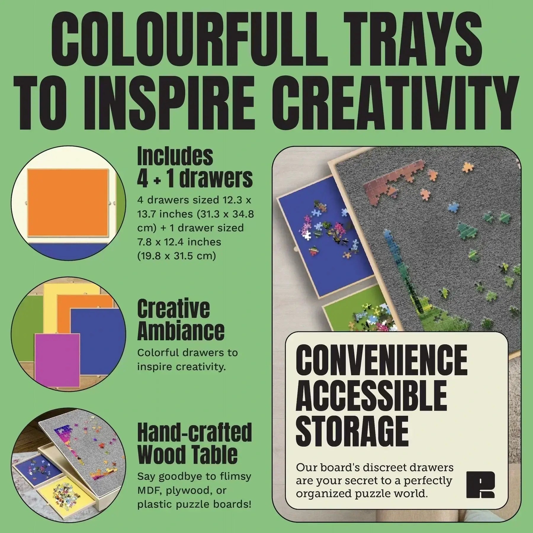 Tilting puzzle table with drawers and cover mat featuring colorful trays for organization.