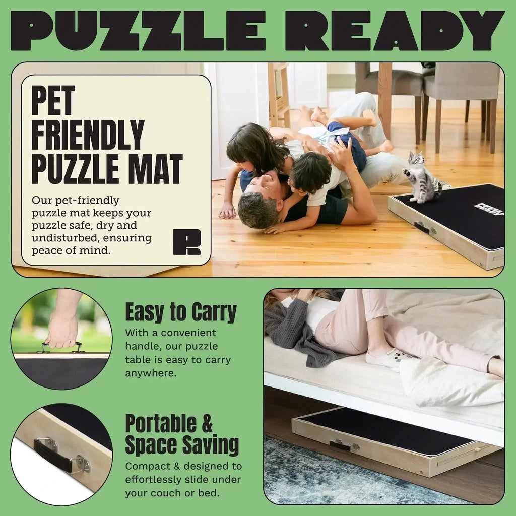 Tilting puzzle board with drawers and cover mat, ideal for jigsaw enthusiasts, featuring customizable angle, portable design, and ample storage.