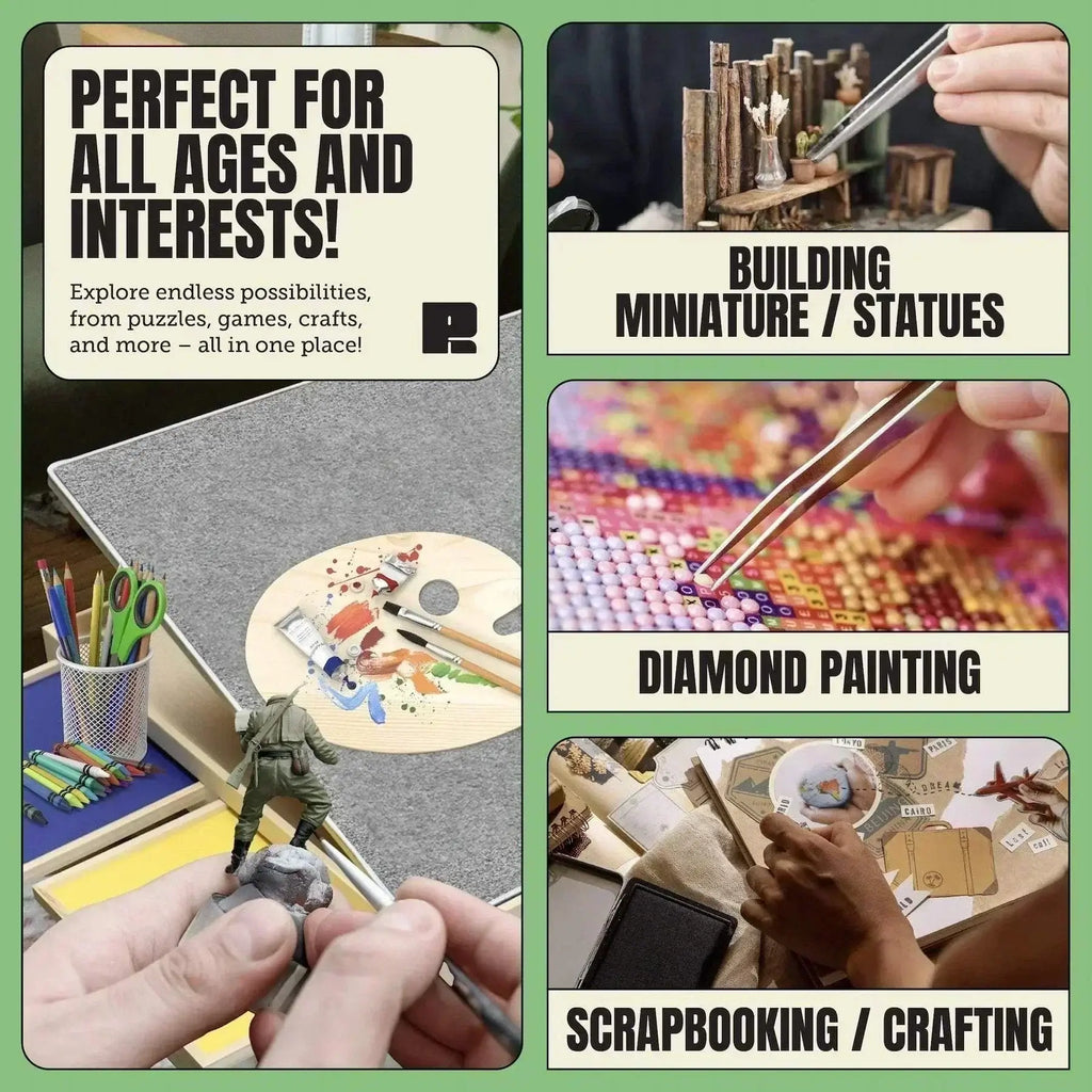 Puzzle board with tilting feature, drawers, and cover mat for versatile crafting and gaming.