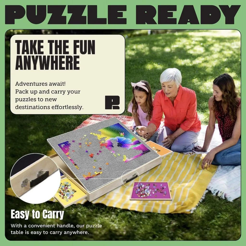 Puzzle board with tilting feature, drawers, and cover mat for family assembly.