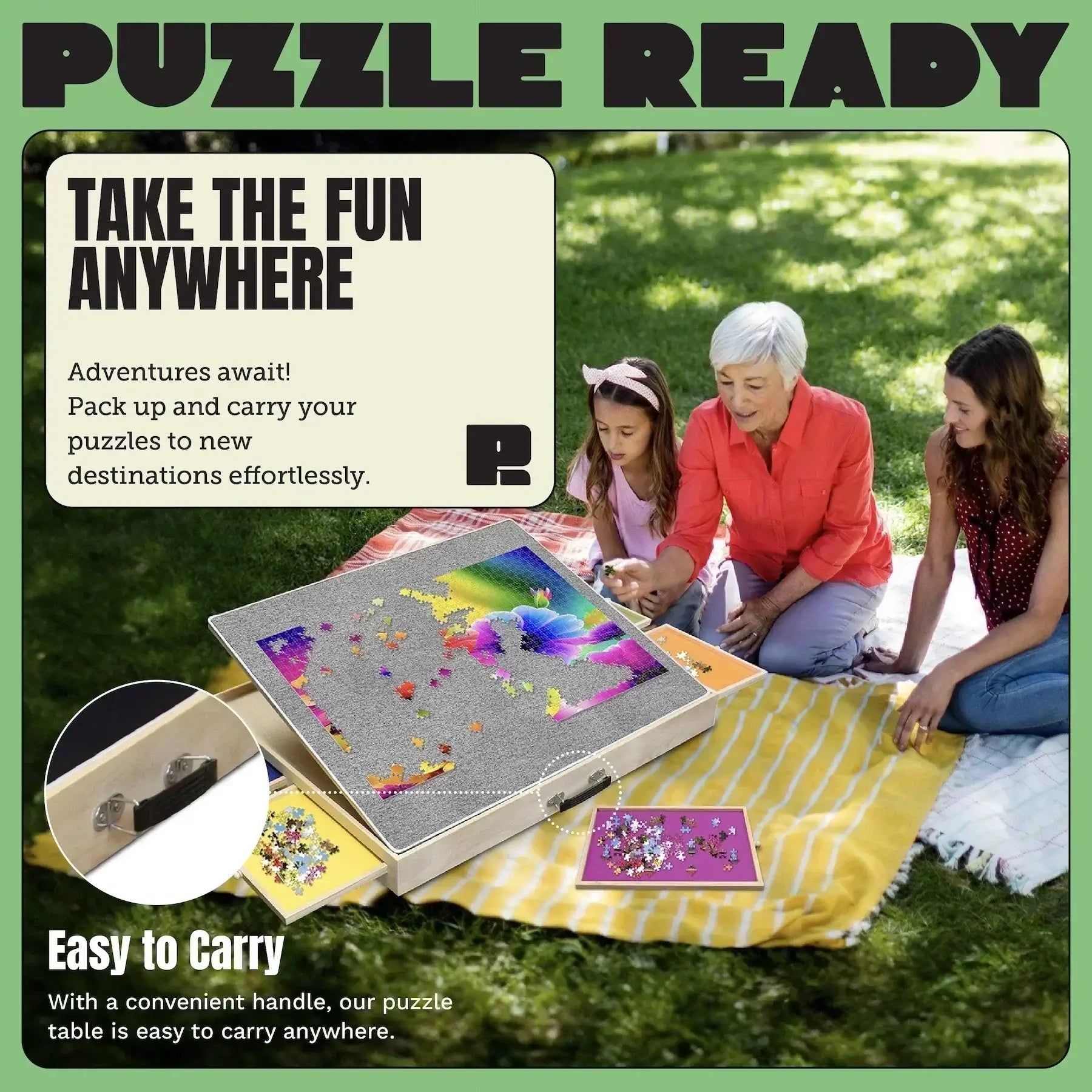 Puzzle board with tilting feature, drawers, and cover mat for family assembly.