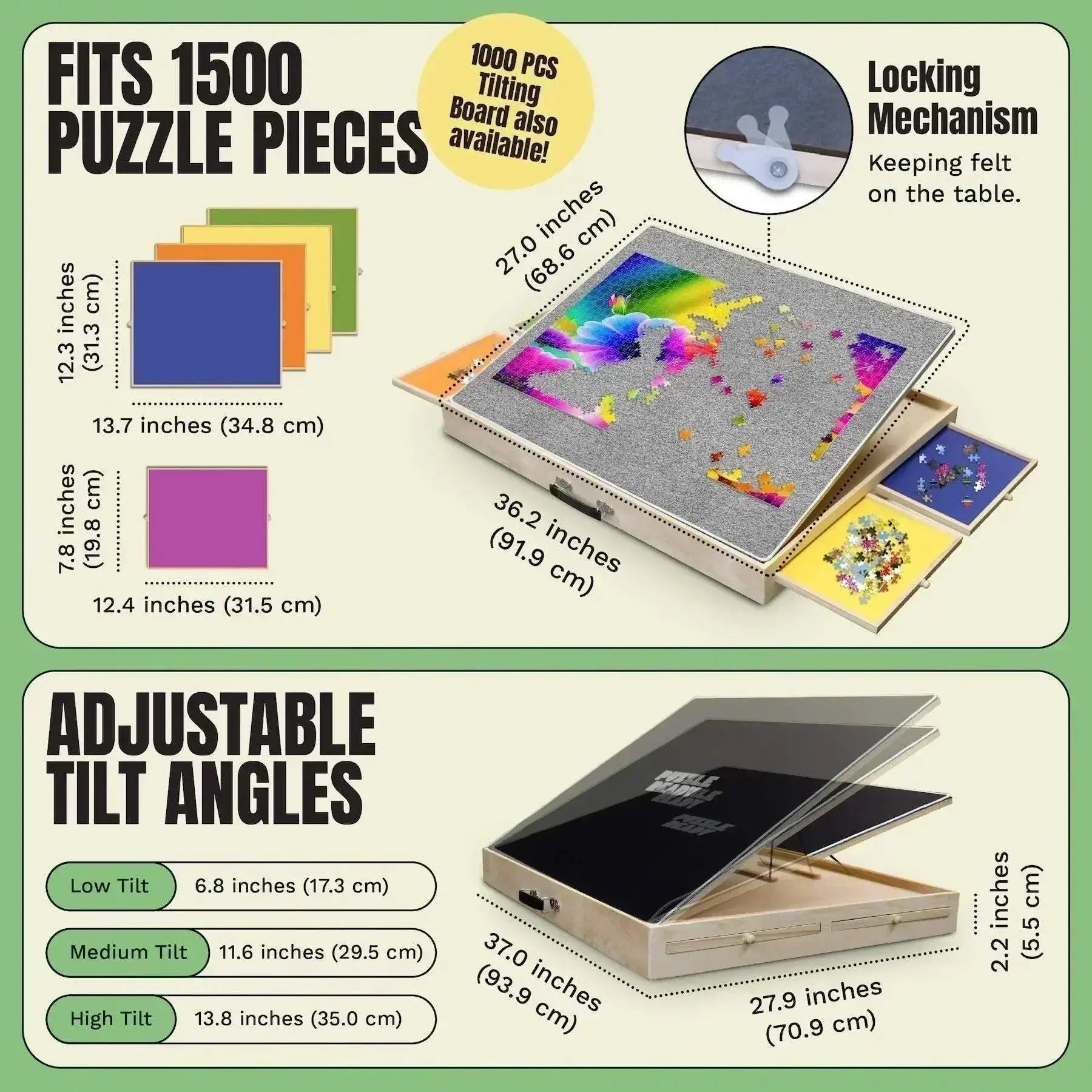 Puzzle board with adjustable tilt, drawers, and cover mat for 1500 pieces; includes puzzle sorting trays and carry handle.