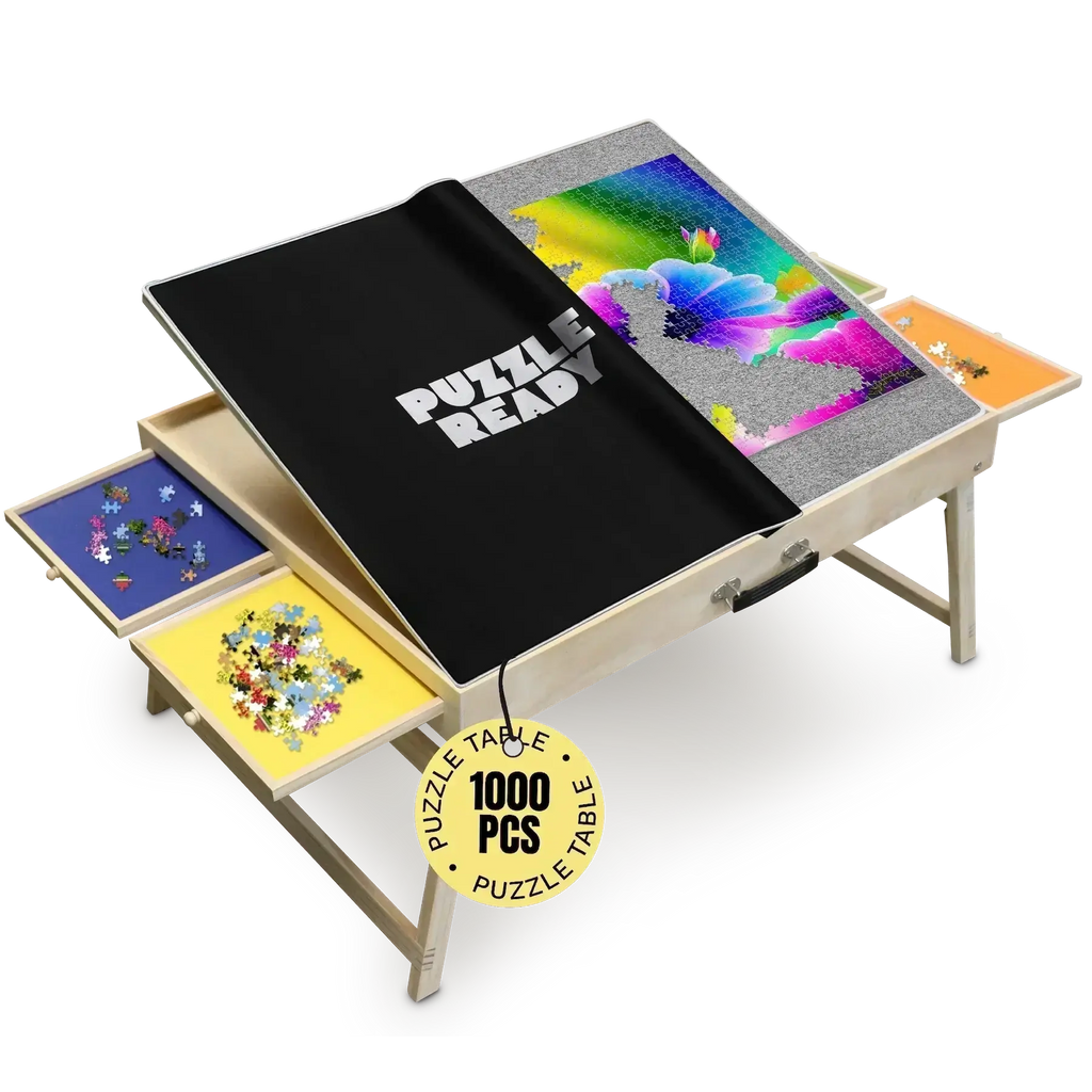 Foldable Puzzle Table with Shorter Legs, featuring adjustable tilting angles, secure drawers, and a felt work surface, ideal for 1000-piece jigsaw puzzles.