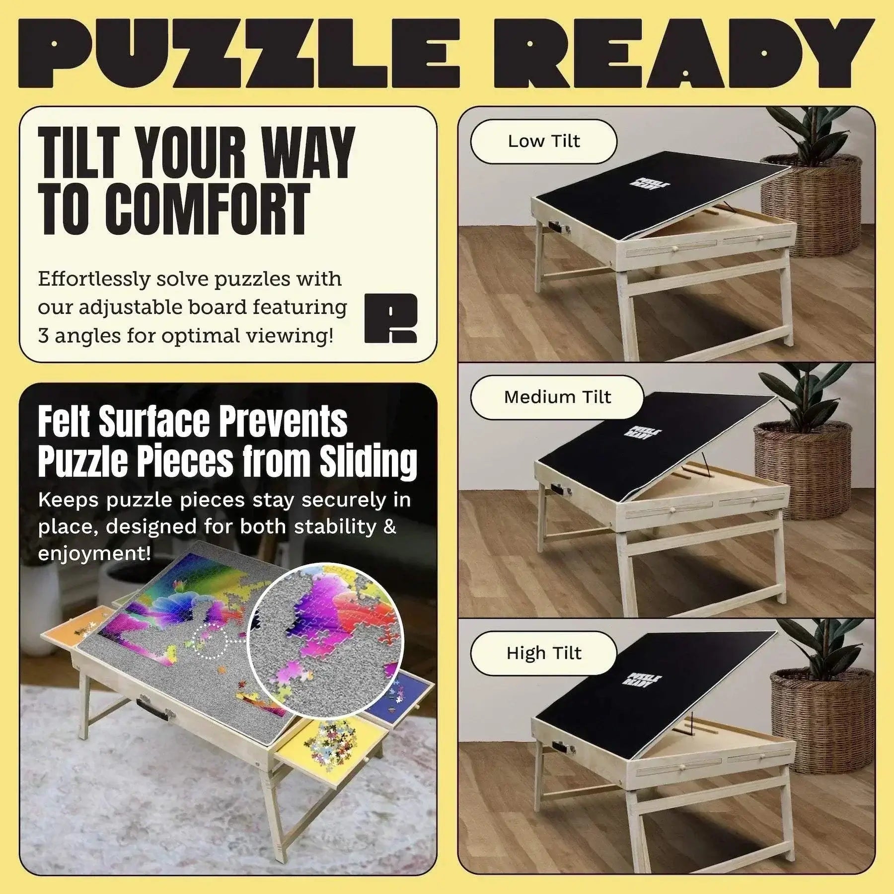 Foldable puzzle table with shorter legs, adjustable tilting angles, and felt surface for ergonomic puzzling.