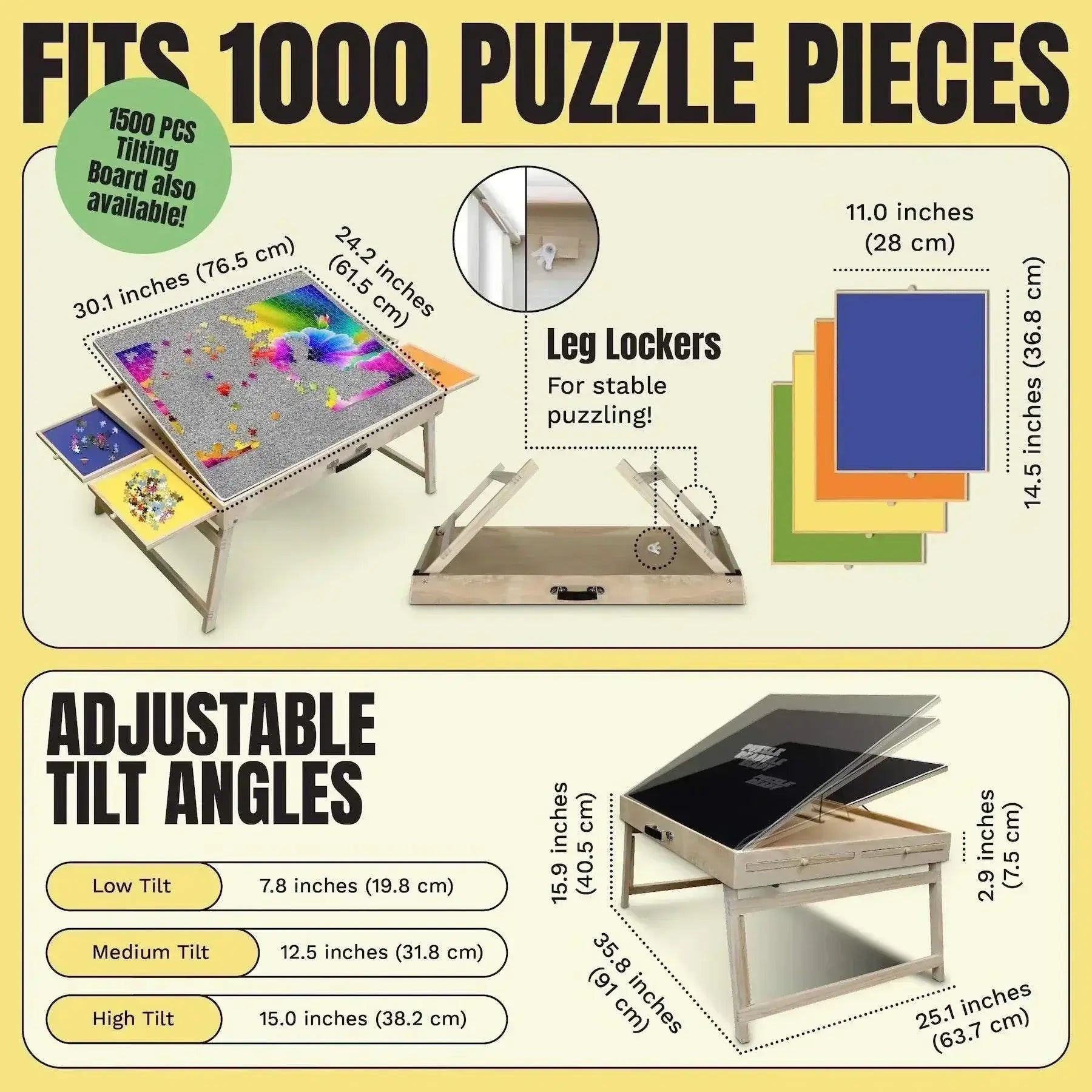 Foldable Puzzle Table with shorter legs, featuring adjustable tilt angles and secure drawers, ideal for 1000 or 1500 piece puzzles.
