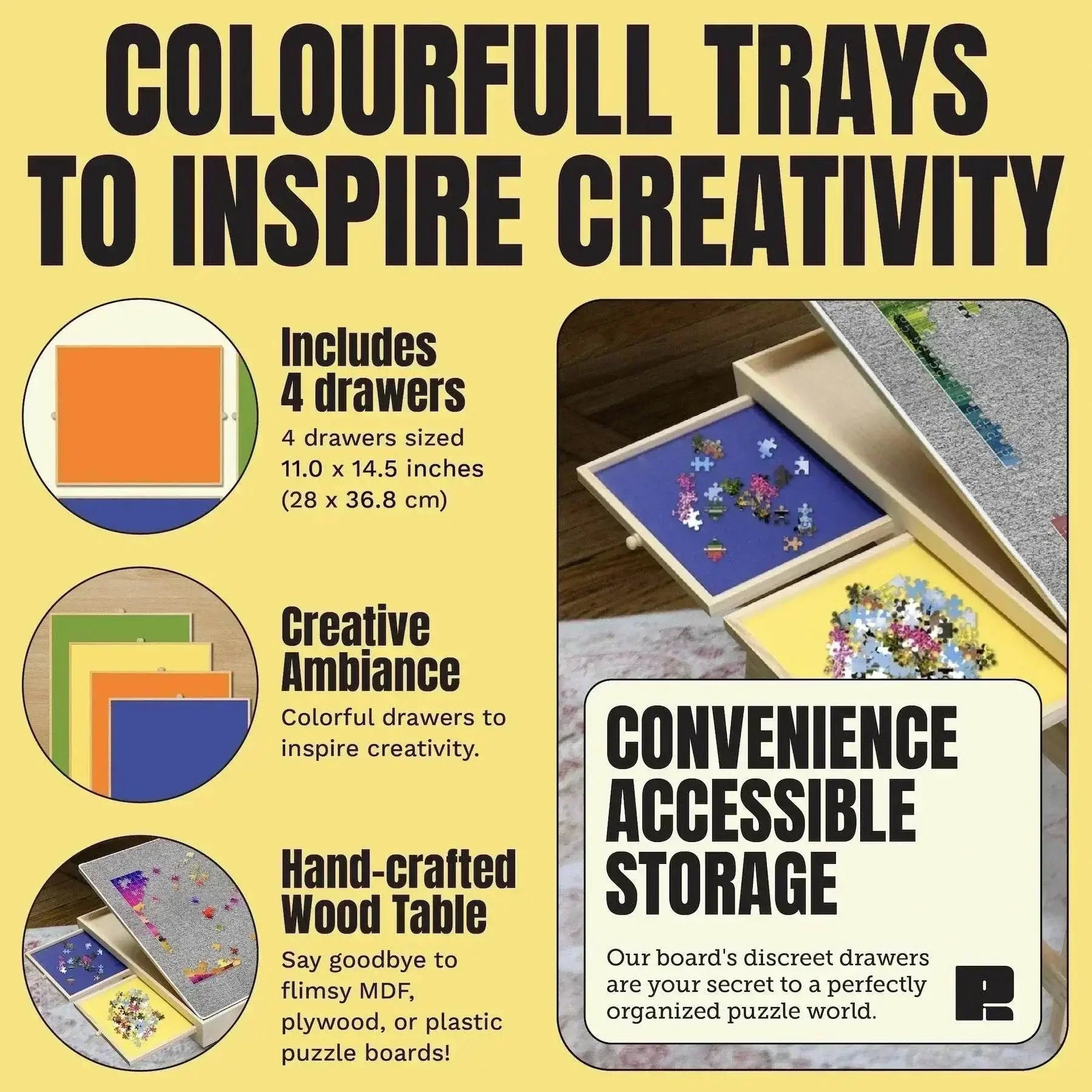 Foldable puzzle table with shorter legs, colorful drawers, ergonomic design, and soft felt surface for jigsaw assembly.