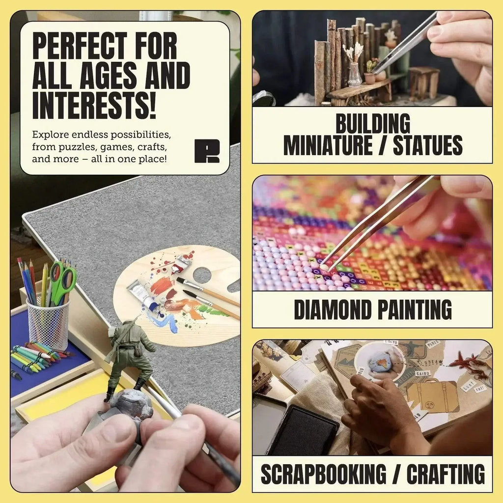 Foldable puzzle table with shorter legs for crafting and games, featuring adjustable angles, secure storage drawers, and a soft felt surface. Ideal for diamond painting, building miniatures, and scrapbooking.