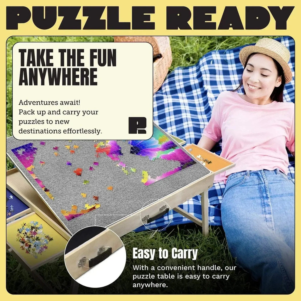 Foldable puzzle table with shorter legs, featuring ergonomic design and soft felt surface, perfect for family fun and easy to carry.