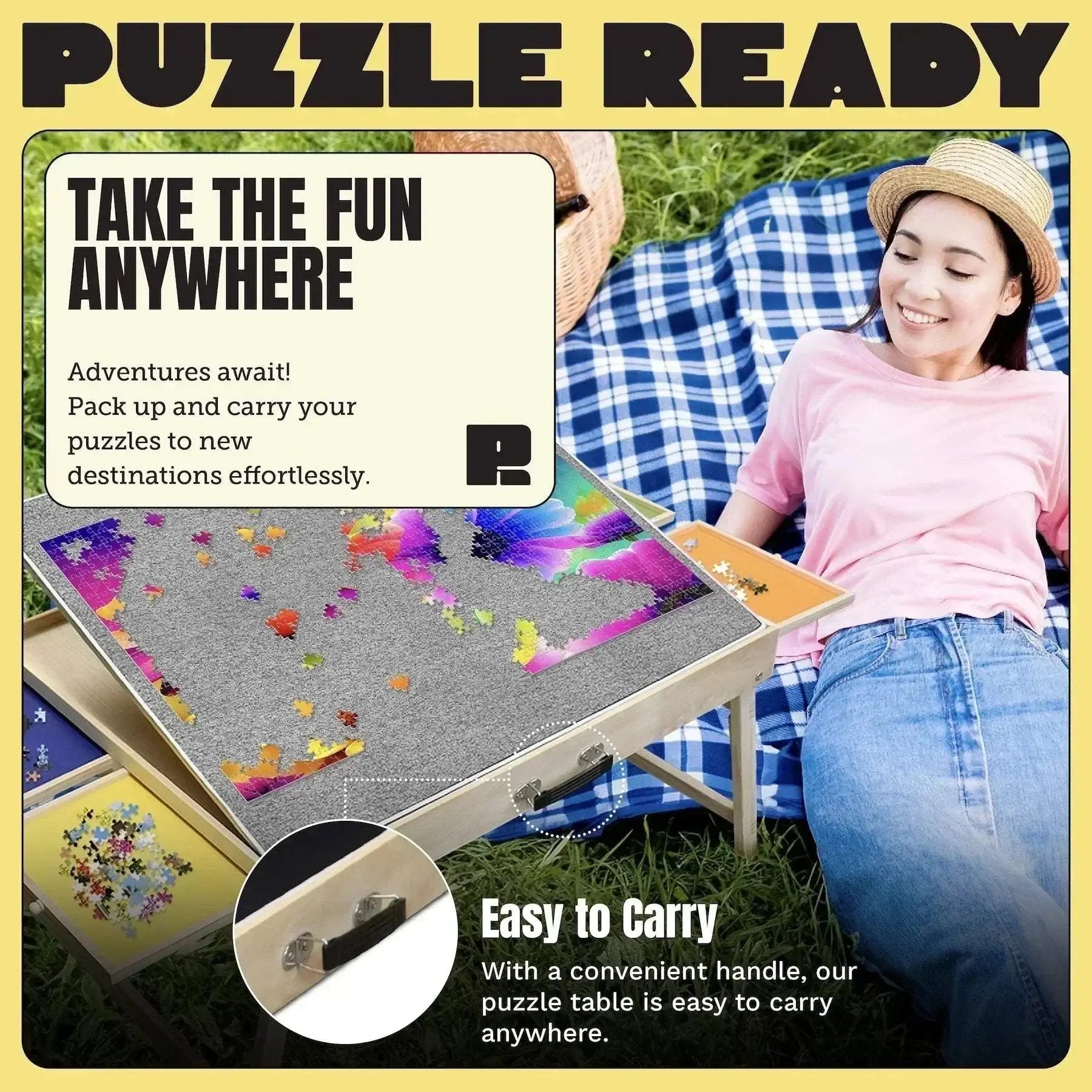 Foldable puzzle table with shorter legs, featuring ergonomic design and soft felt surface, perfect for family fun and easy to carry.