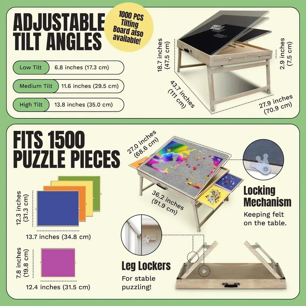 Foldable puzzle table with adjustable tilt angles and storage drawers.