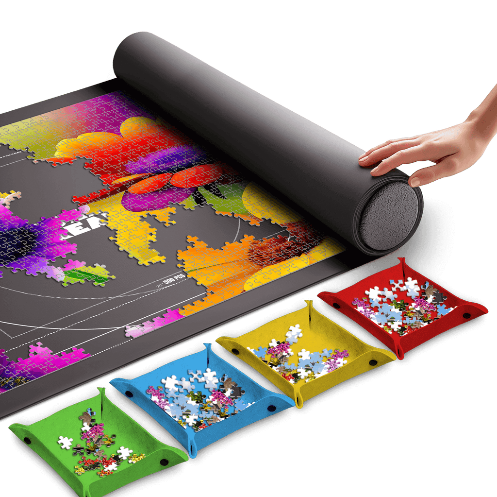 Puzzle Mat with foam roller, sorting trays, and jigsaw pieces for seamless assembly.