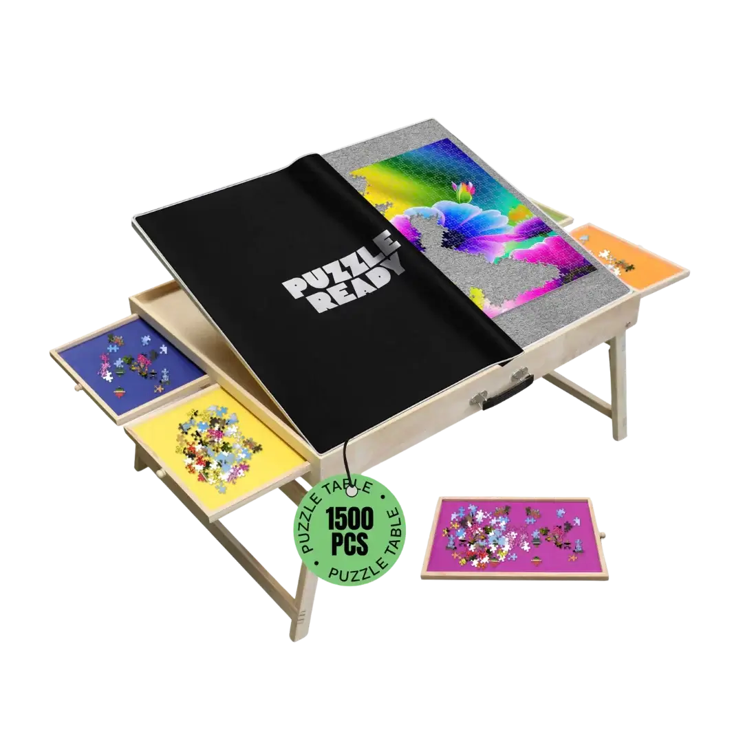 Foldable puzzle table with shorter legs, tilting angles, and sorting trays, ideal for 1500-piece jigsaws.