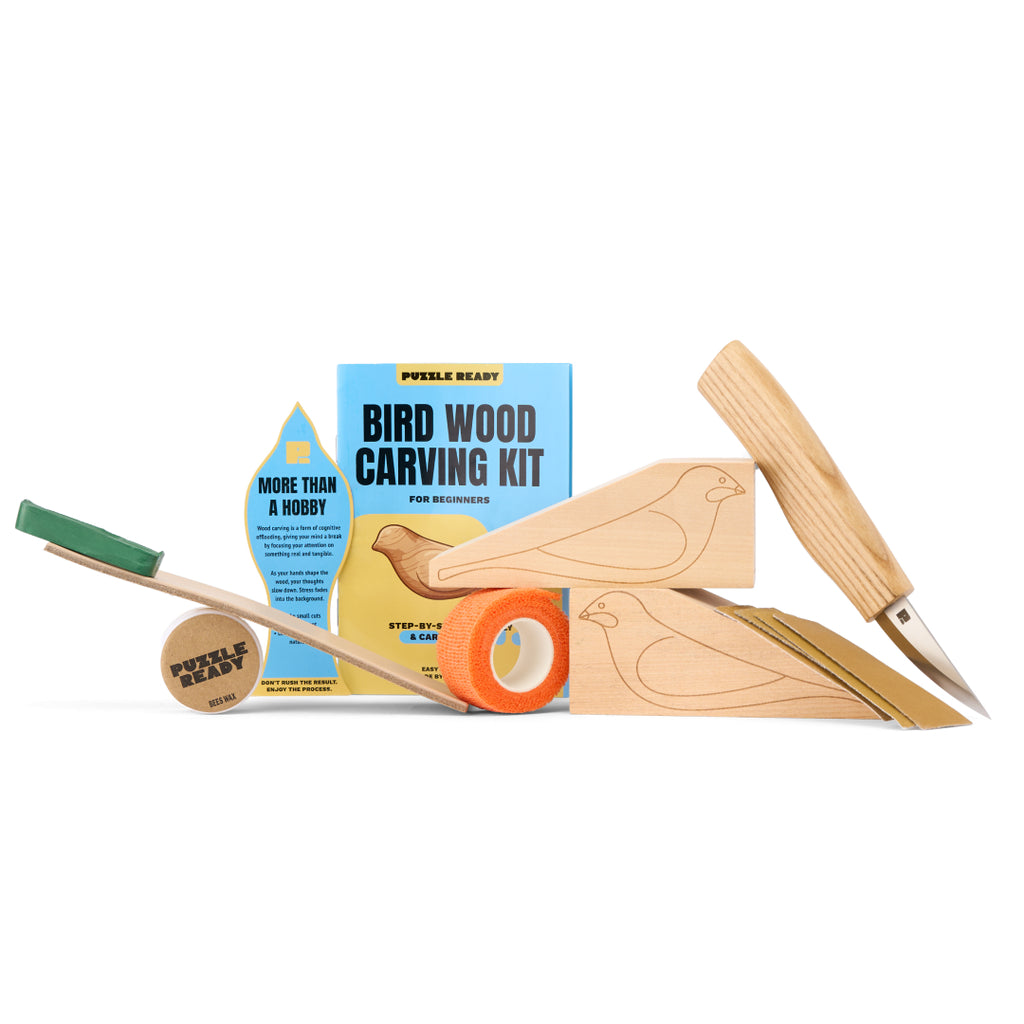 Puzzle Ready Bird Wood Carving Kit with knife, cedar blocks, strop, sandpaper and finger tape