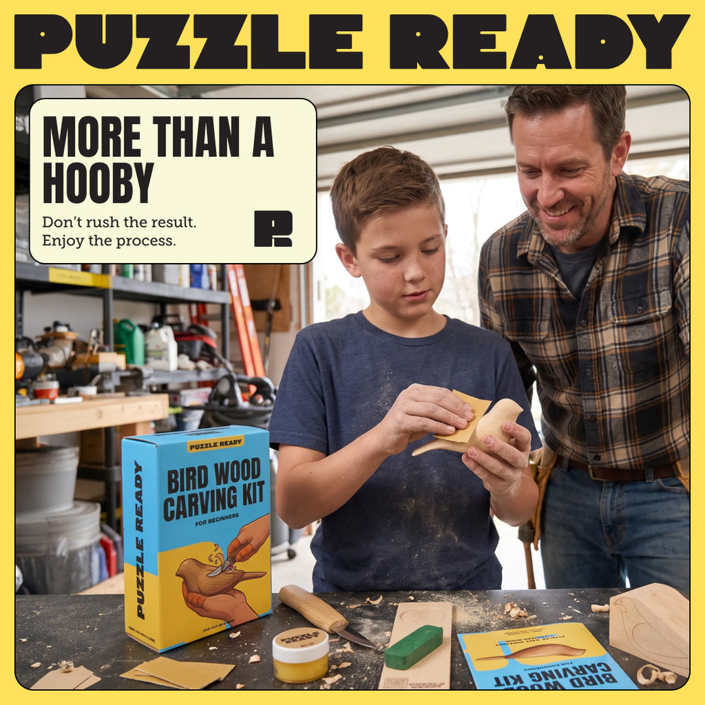 Parent and child carving a wooden bird together