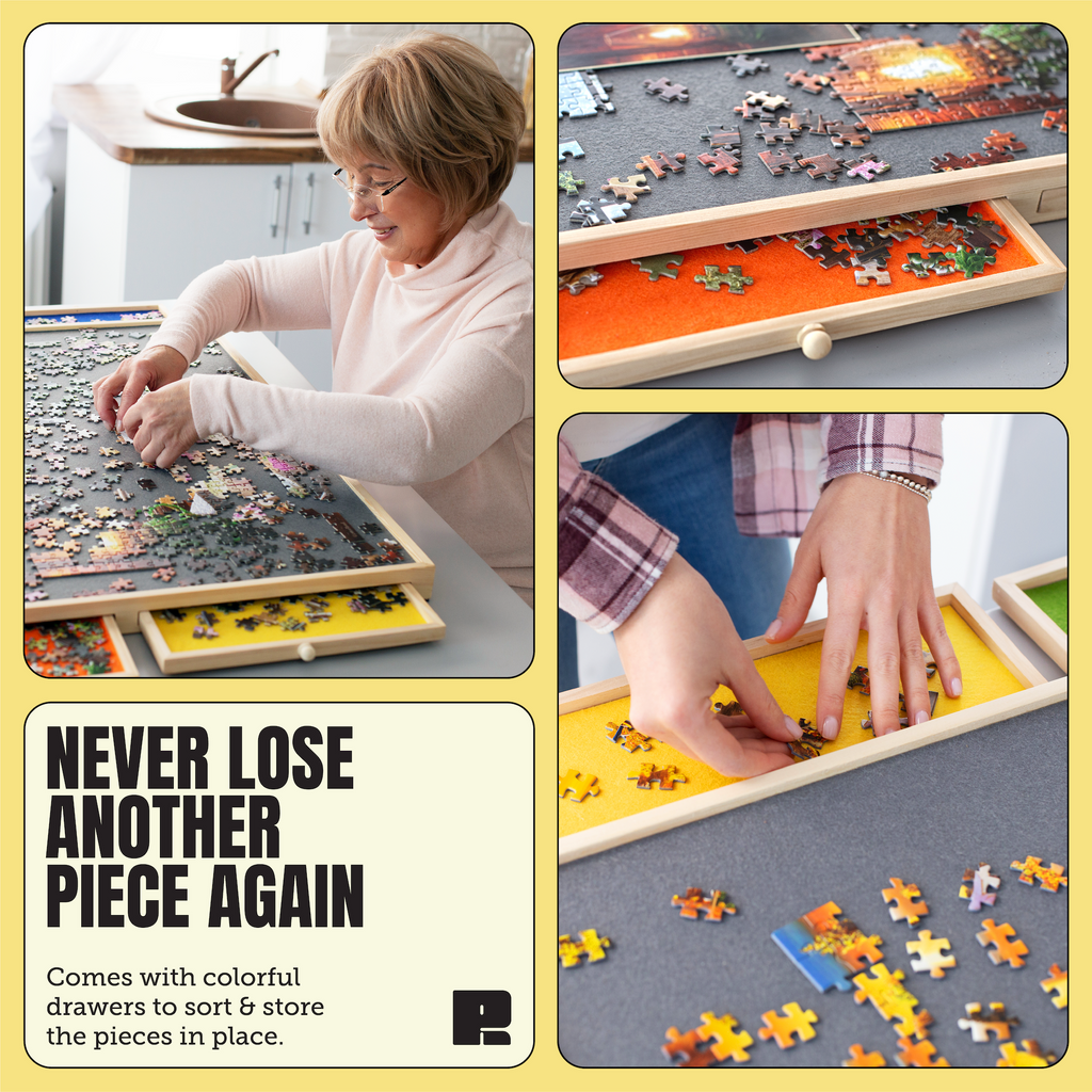 Portable puzzle board with colorful drawers for sorting pieces